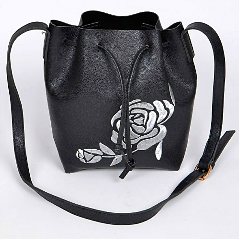 Vintage Flower Embroidered Black Faux Leather Bag